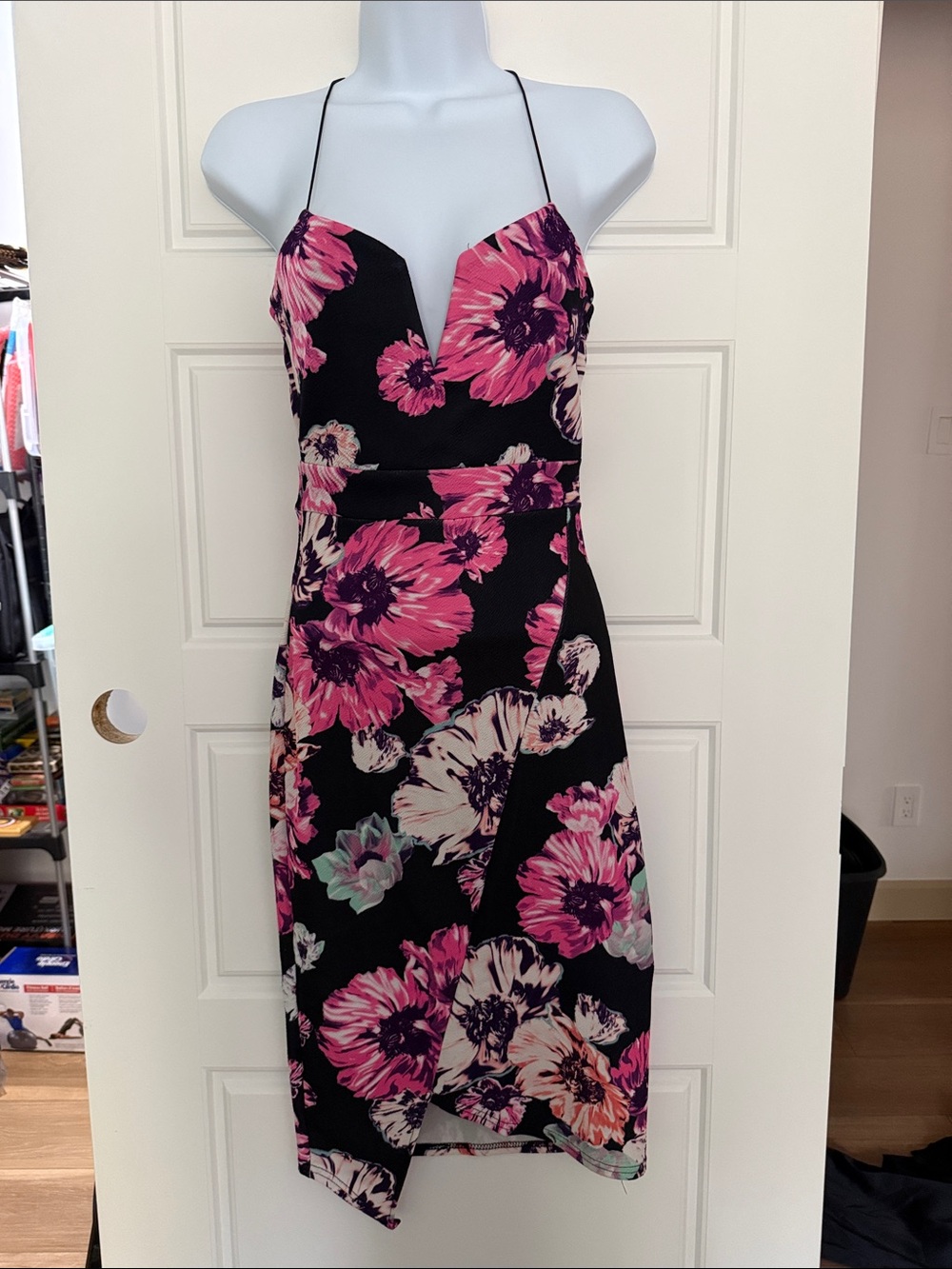 Strapless Black Dress with Pink Floral Print